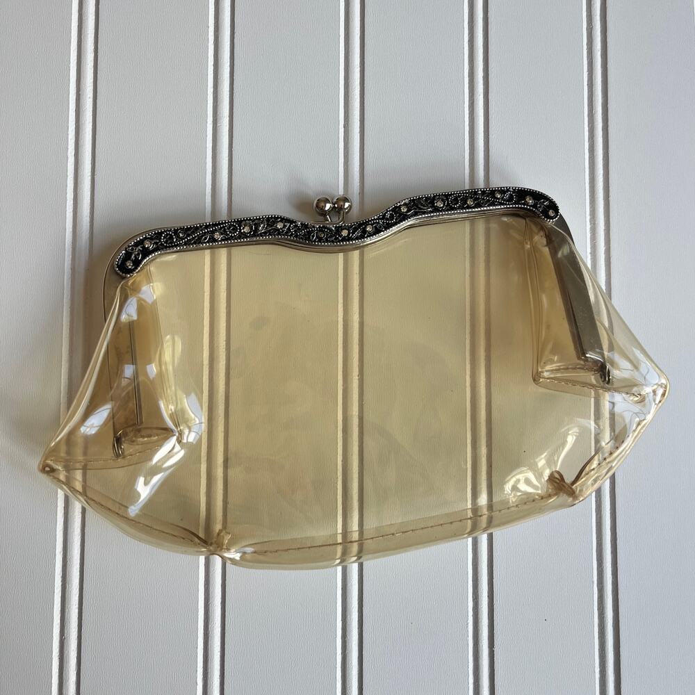 Vintage Clear Vinyl Purse Cluth ornate metal frame kiss lock 60's 70's
